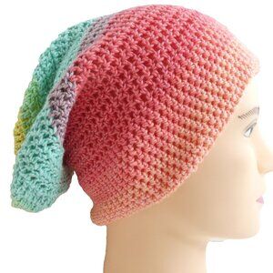 MultiColor Slouchy Cap Cotton Hat Beanie Handmade Crochet Hand Knit NWT